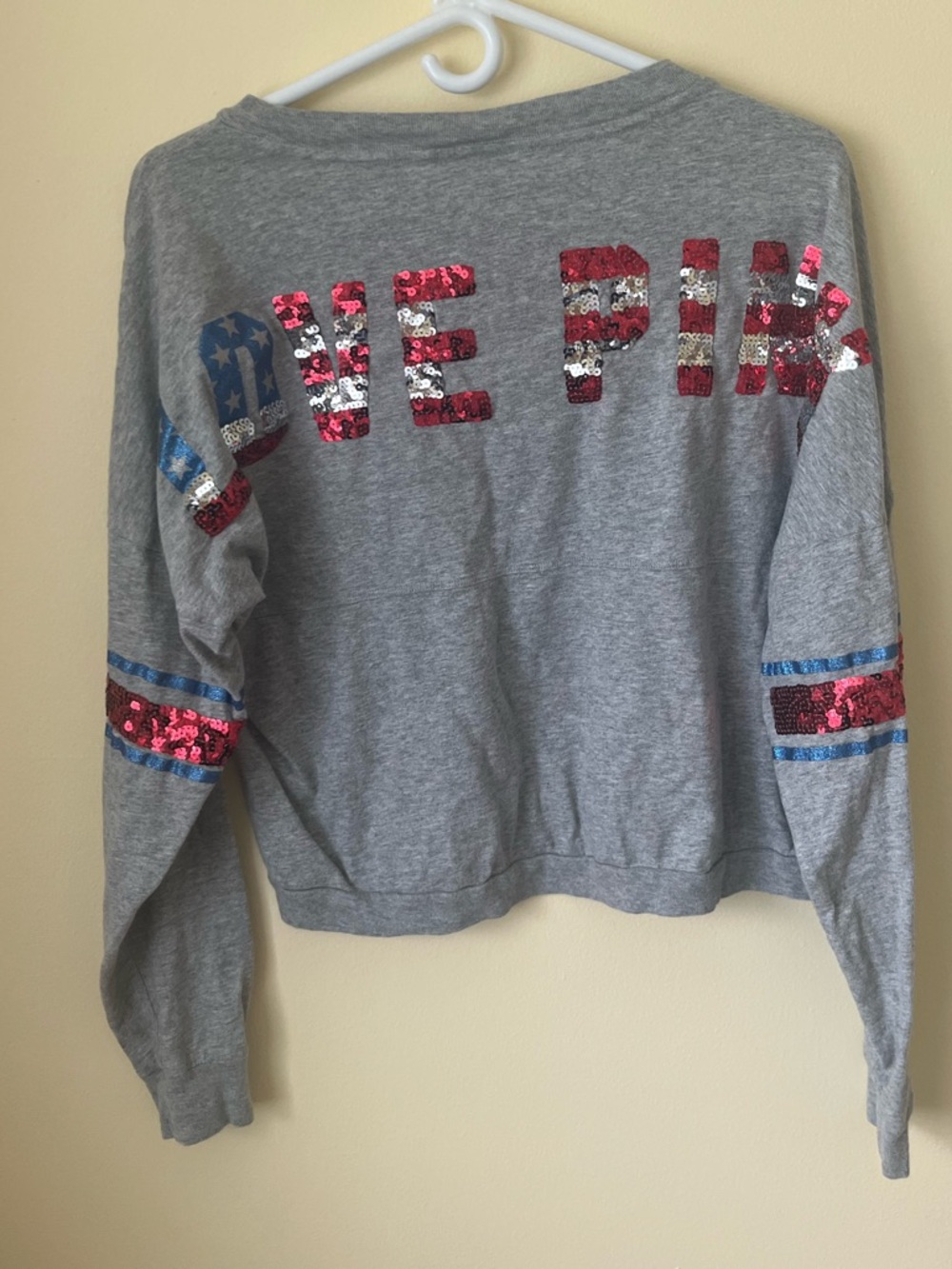 PINK Victoria's Secret Sequin Bling Cropped Long Sleeve Shirt Patriotic Sz Small